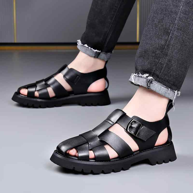 グルカサンダル メンズ 黒 本革 牛革 かっこいい ビジネスシューズ きれいめ スポーツサンダル 韓国系 ブラック 無地 編み込み