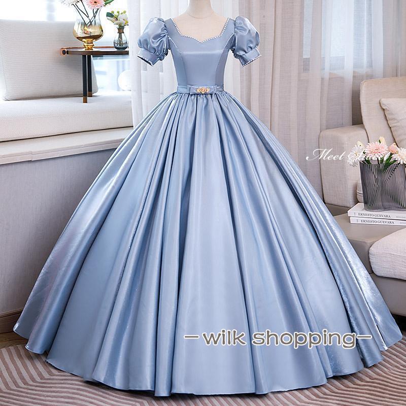 サテン 半袖 花嫁 プリンセスライン 二次会 前撮り ブルー ロングドレス 結婚式 パフスリーブ ウェディングドレス カラードレス
