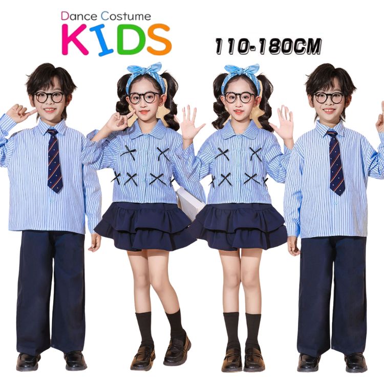 ネイビー ヒップホッ シャツ ストライプ柄 セットアップ パンツ 長袖 縦縞 スカート 青色 キッズ 蝶柄 ..