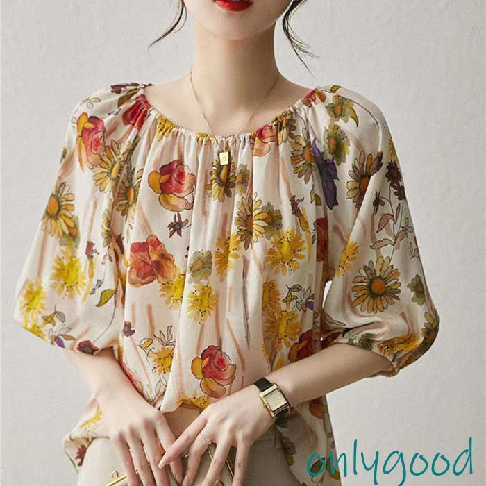 落ち肩 トップス ギャザー 花柄 パフ袖 シフォン 体 きれいめ 大きいサイズ フラワー レトロ シアー 七分袖 レディース