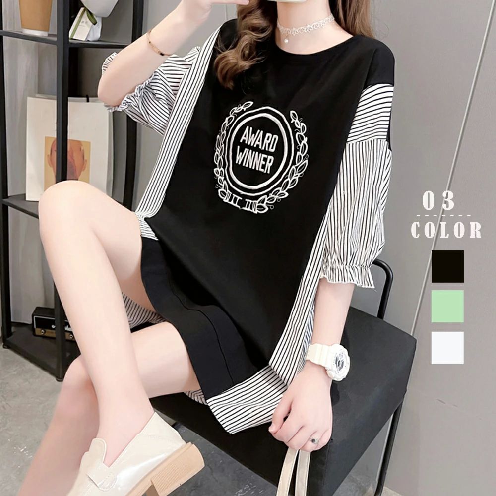 シャツブ 切り替え ストライプ ビッグtシャツ イレギュラーヘム プルオーバー レディース 半袖 夏ロングTシャツ チュニック ロゴ(4)