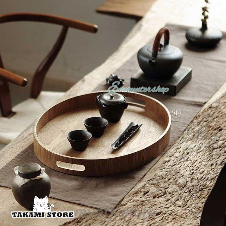トレイ 茶具 取っ手付 食事トレー ブ お盆 丸型 トレー ランチトレイ フレア和風 丸盆 茶托 木製 楕円..