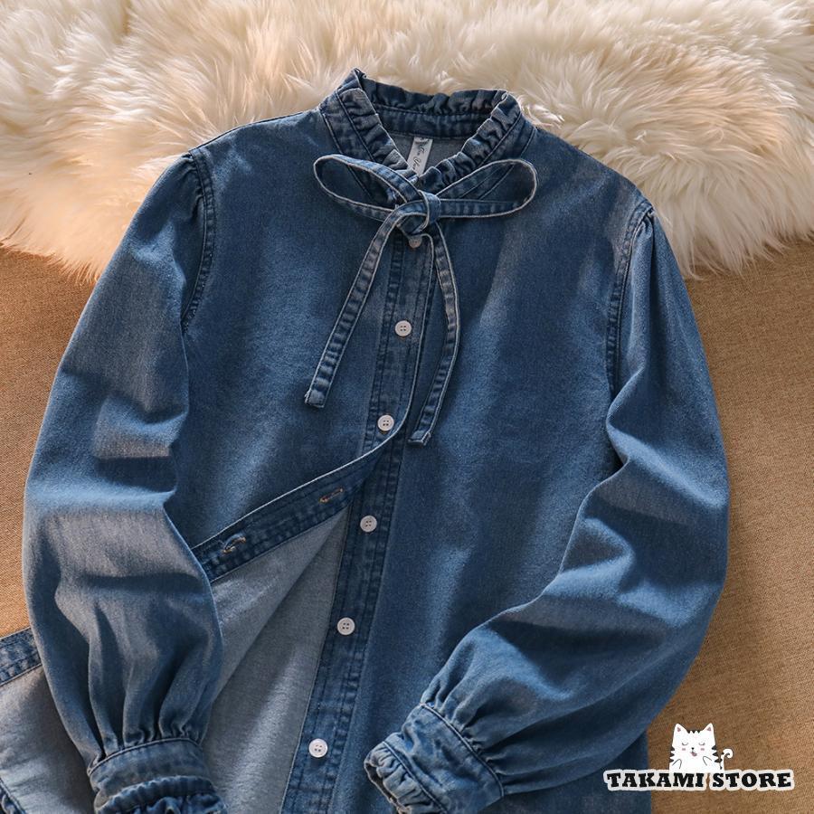 長袖 春 ボウタイ 立ち襟 春服 リボン トップス ブラウス シャツ レディース フリル デニム