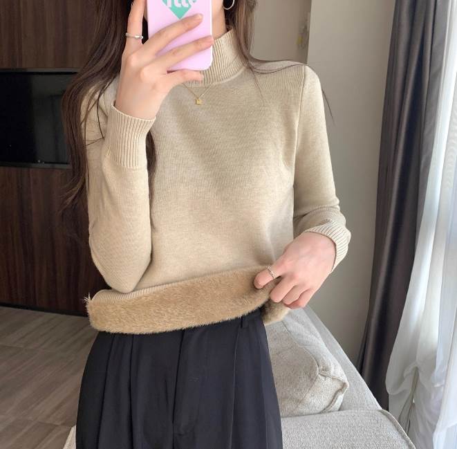 レディース トップス ニット セーター 長袖 ハイネック タイト フリース 裏地 ボア かわいい シンプル ..