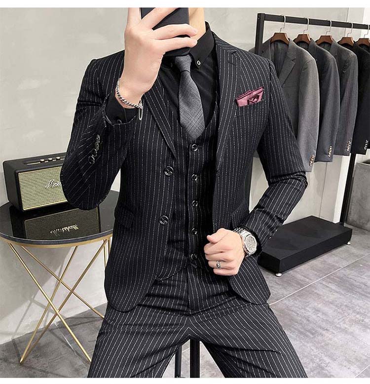 グレ スリム ブラック ベスト付き メンズ セットアップスーツ メンズ スーツ 3ピース ストライプ柄 メンズ スリーピーススーツ
