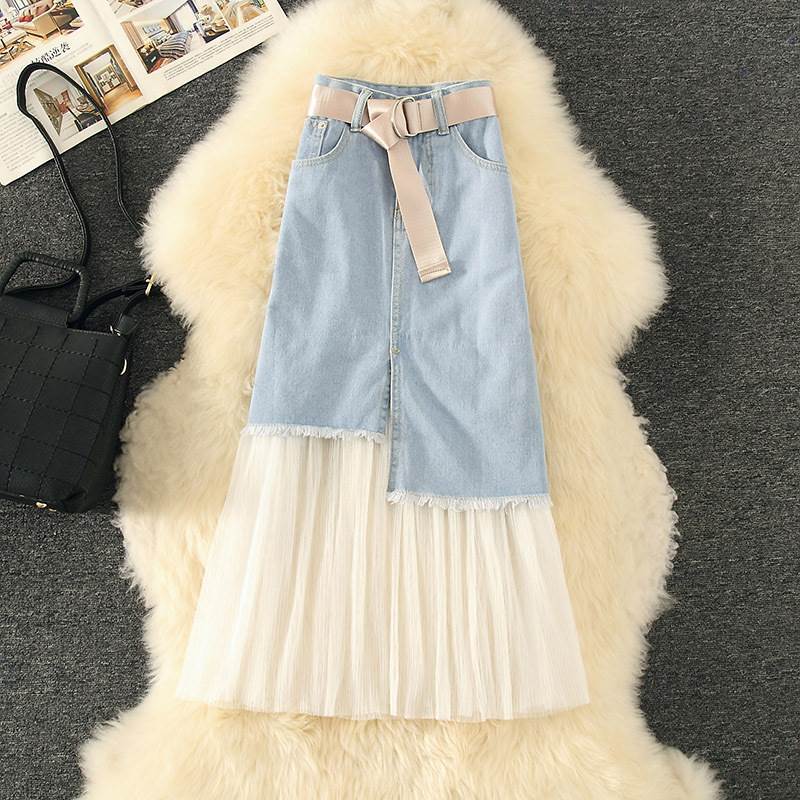 デニムスカート ボトムス ミモレ丈 ロング丈 ハイウエスト チュール モダン レディース かわいい 大人可愛い きれいめ こなれ感