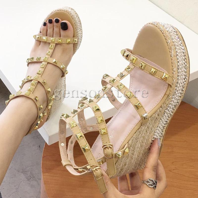 スタッズ ウェッジソールサンダル 歩きやすい痛くない レディース ハイヒール 厚底 10cm ストラップサンダル ジュート編み 厚底