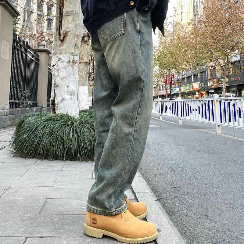 デニムパンツ メンズ シンプル きれいめ ジーンズ ズボン 男性用 ブルー ビンテージカラー レトロ 大きいサイズ ルーズ ストレー