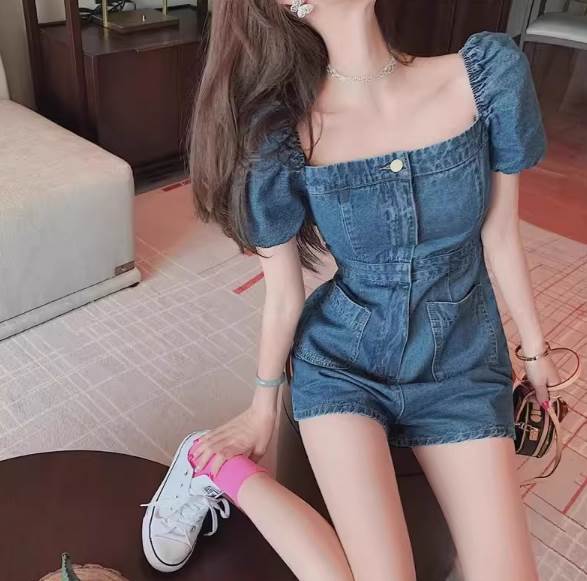 デニムオールインワン レディース オールインワン デニム ショートパンツ ショート 半袖 パフスリーブ スクエアネック ポケット