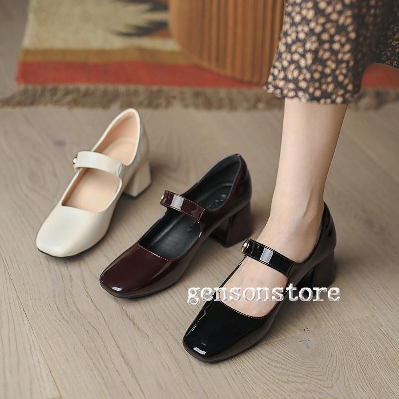 ストラップパンプス オフィス レディース スクエアトゥ 革靴 チャンキーヒール シンプル 5cm ローヒール 就 フォーマル エナメル