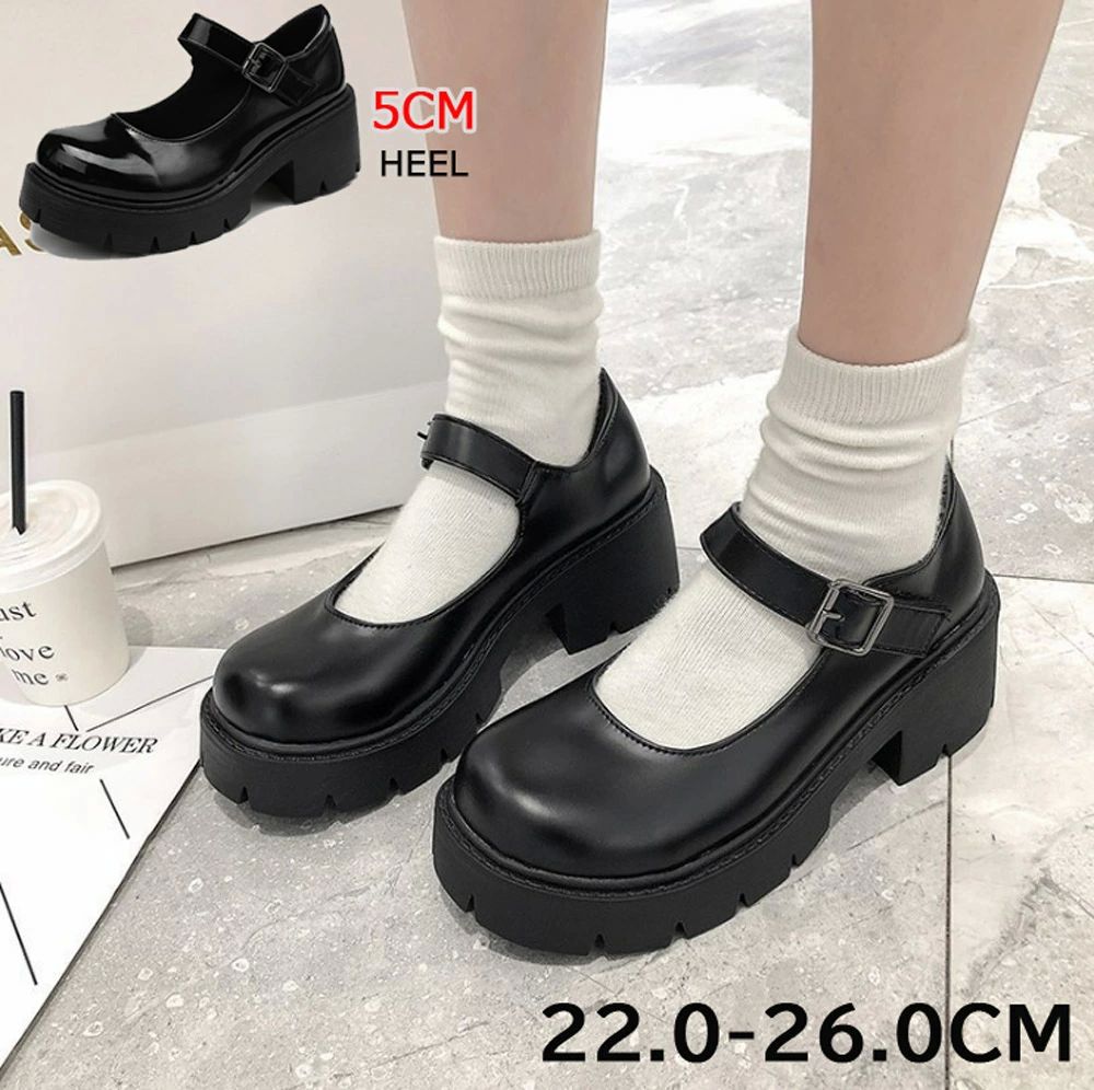 ローファー ラウンドトゥ 厚底シューズ ガーリー ストラップ 痛くない ブラック 可愛い 履きやすい 歩きやすい 脚 パンプス 5CM