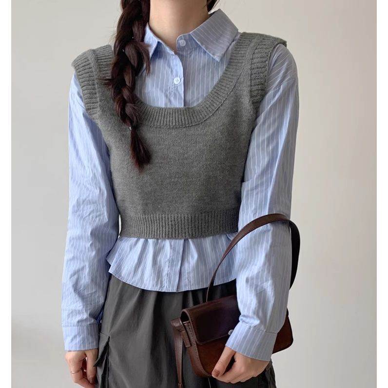 トップス レディース 2点セット 長袖シャツブラウス Uネックニットベスト ボタン 前開き ショート丈 ク..