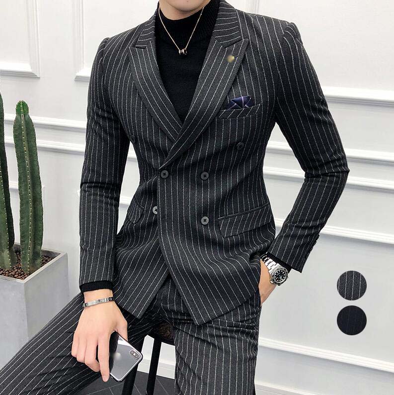 3点セット 紳士服 ダブルスーツ ジャケット+パンツ+ベスト セットアップ スーツ ビジネススーツ ストライプ フォーマルス メンズ