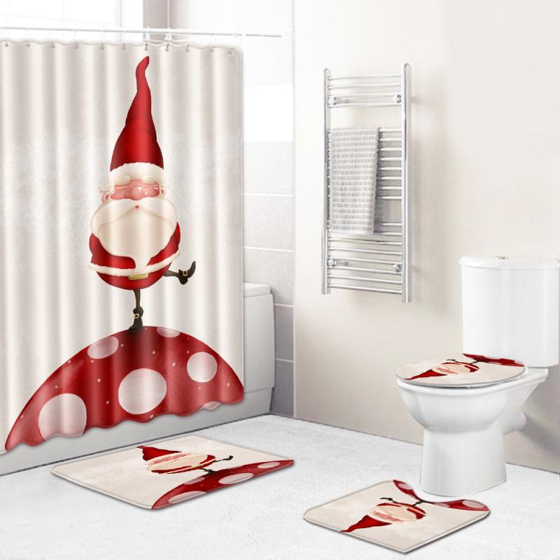 シャワーカーテン ポリエステル マット 長方形 白 赤 浴室 4点セット クリスマス 家用 緑