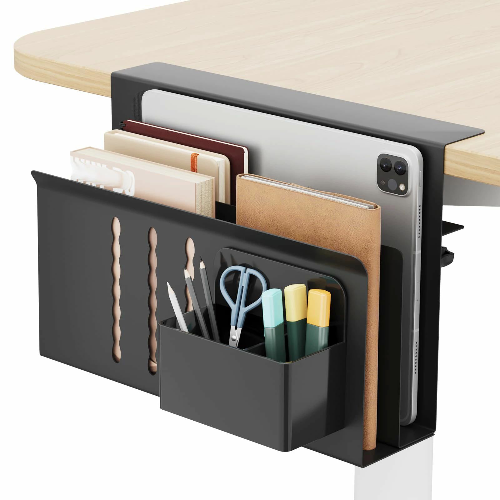 kgデスク側ポケット収納ブラック デスク側収納棚クランプ簡単取り付けノートパソコン、ファイル二重収納棚荷重5