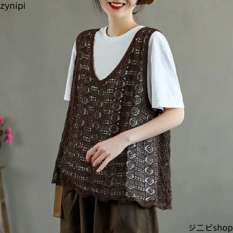 トップス レディース 送料無料 ベスト 透かし編み プルオーバー Vネック サマーニット 花柄 ニットベスト 袖なし ノースリーブ