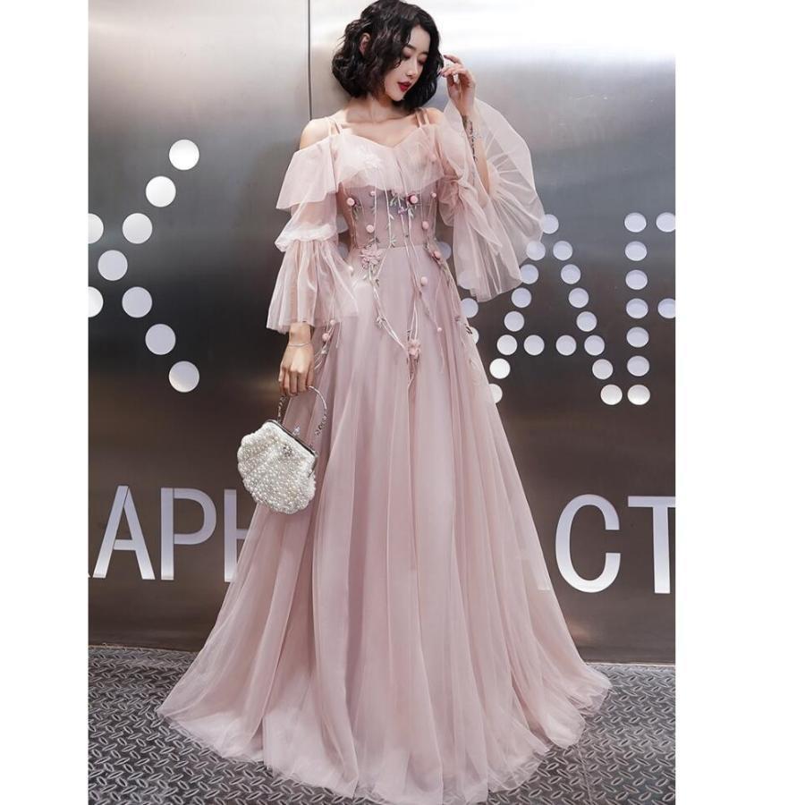 披露宴 袖あり ロングドレス 二次会 ウエディングドレス 演奏会 結婚式 高級感 ナイトドレス 発表会 トレーンドレス パーディー