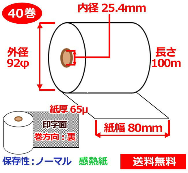 感熱ロール紙 80mm×100m×25.4mm 65μ 40巻 裏巻 サーマルロール紙 レジロール 感熱レジロール紙 送料無料