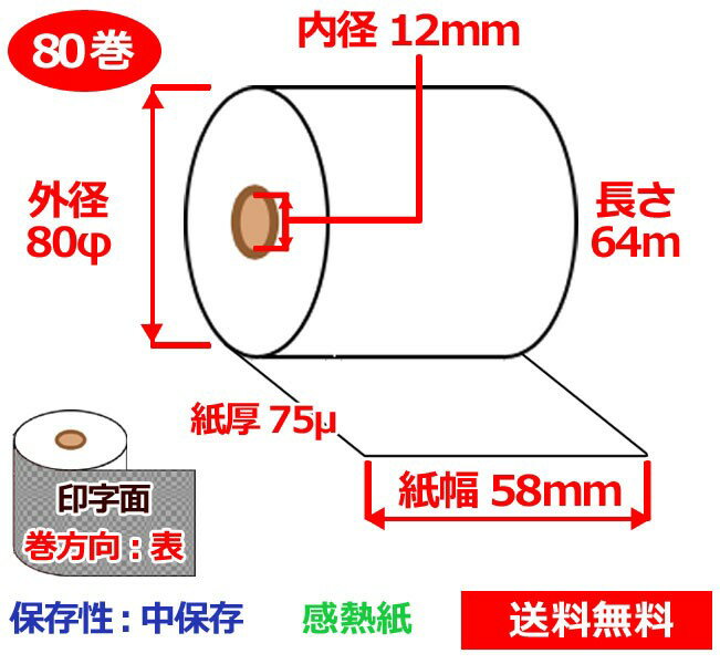 Rakuten - 感熱ロール紙 58mm×80mm×12mm 75μ 80巻 中保存 サーマルロール紙 レジロール 感熱レジロール紙 送料無料