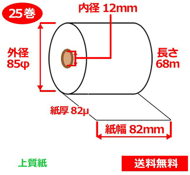 上質紙ロール 82mm×85mm×12mm 82μ 25巻 ロール紙 レジロール 普通紙ロール 送料無料