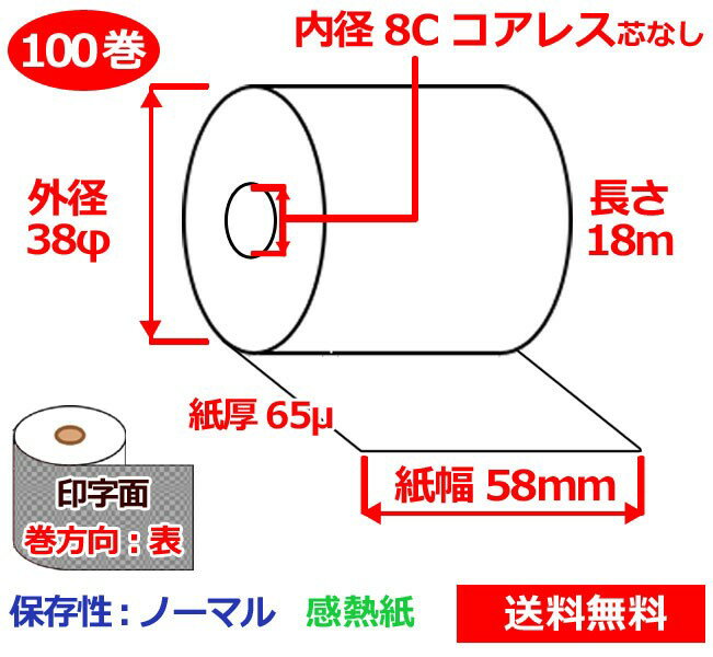 感熱ロール紙 58mm×38mm×8C 65μ 100巻 コアレス サーマルロール紙 レジロール 感熱レジロール紙 送料無料