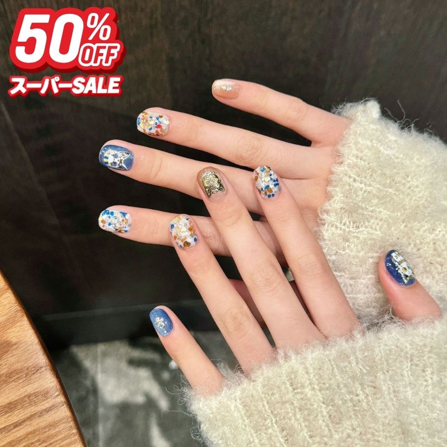 【50%OFF】【手作ネイルチップ】ネイルチップ ショート ネコ ネイビー おしゃれ ネイルチップ つけ爪 ..