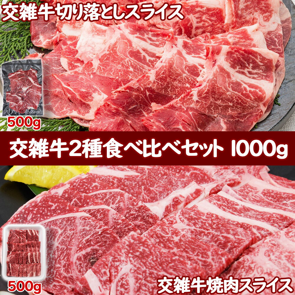 交雑牛 食べ比べ1kgセット(焼肉用500g・切落し500g)スライス