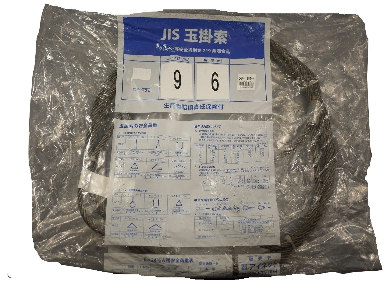 在庫限り アイネット JIS 玉掛ロック止 ワイヤーロープ Φ9X6M ロックタイプ 太さ9mm×長さ6m ステンレス胴 吊り下げ