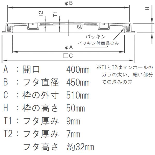 鉄マンホール　鉄蓋・枠　フタ直径450mm　T-6中型トラック耐荷重　MHA-400型　沖縄...