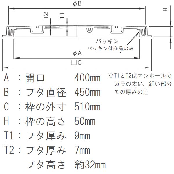 鉄マンホール　鉄蓋・枠　フタ直径450mm　鎖・パッキン付　T-20大型トラック耐荷重...