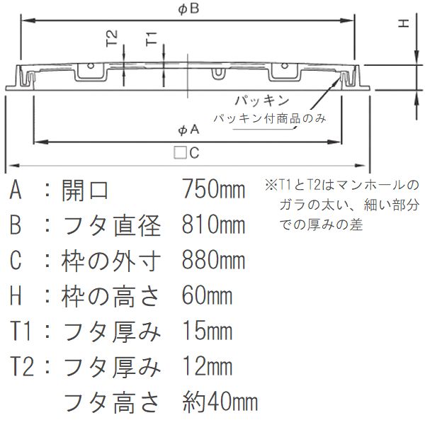 鉄マンホール　鉄蓋・枠セット　フタ直径810mm　鎖・パッキン付　T-20大型トラック...