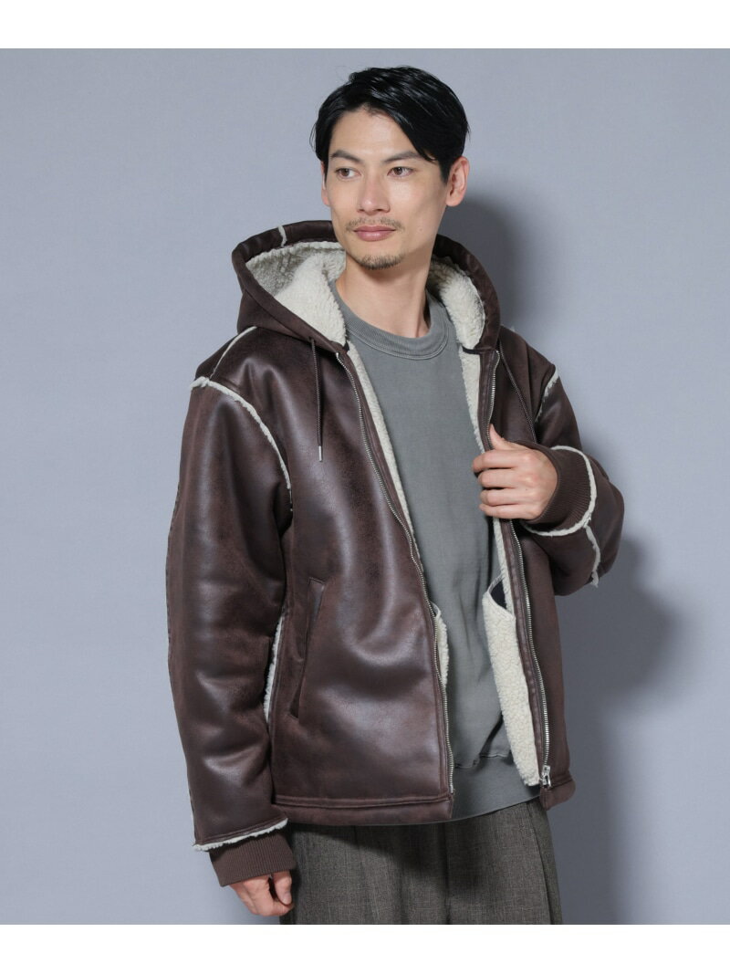 クラックフェイクムートンフードブルゾン NANO universe ナノユニバース ジャケット・アウター ブルゾン・ジャンパー ブラウン ブラック【送料無料】[...