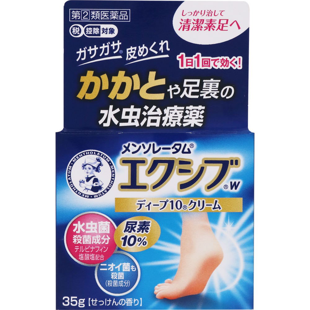 製品仕様■商品名メンソレータムエクシブWディープ10クリーム■商品特長かかとや足裏のガサガサ水虫は，角質層が他の部分より厚く，薬が浸透しにくいため，しっかりと治療をすることが大切です。かかとなどの奥深くに潜むしつこい水虫菌を殺菌するには，抗真菌剤＋尿素10％が配合された「メンソレータムエクシブWディープ10クリーム」がおすすめです。「メンソレータムエクシブWディープ10クリーム」は，かかとなどのガサガサ水虫の治療に適した処方設計の水虫薬です。抗真菌剤＋尿素10％がかかとなどの水虫に効果的！抗真菌剤「テルビナフィン塩酸塩」：角質層の深部まで浸透して，水虫菌をしっかり殺菌します。尿素：硬くなったかかとなどの角質をやわらかくし，抗真菌剤などの有効成分が浸透しやすい皮ふ状態にします。水虫による皮ふのカサつきやひび割れを改善します。かゆみ止め成分配合（リドカイン，ジフェンヒドラミン塩酸塩）抗炎症成分配合（グリチルレチン酸）ニオイの原因菌まで殺菌（イソプロピルメチルフェノール）24時間効果が続く！（1日1回で効く！）／かかとなどにも塗りこみやすい！／べたつかず，集中的に塗りこめるクリーム清潔感あふれるさわやかなせっけんの香り■成分、分量（添加物含む）100g中成分 分量 テルビナフィン塩酸塩 1g イソプロピルメチルフェノール 1g リドカイン 2g 尿素 10g ジフェンヒドラミン塩酸塩 1g グリチルレチン酸 0.1g 【添加物】プロピレングリコール，ステアリン酸，サラシミツロウ，パラフィン，セタノール，流動パラフィン，パルミチン酸イソプロピル，セトマクロゴール，パルミチン酸，乳酸セチル，カルボキシビニルポリマー，グリシン，ジメチルポリシロキサン，ステアリン酸ソルビタン，水酸化ナトリウム，エデト酸ナトリウム，乳酸，香料■効能、効果水虫，いんきんたむし，ぜにたむし■用法、用量1日1回，適量を患部に塗布してください■用法、用量に関する注意（1）定められた用法を厳守してください。（2）患部やその周囲が汚れたまま使用しないでください。（3）目に入らないようご注意ください。万一，目に入った場合には，すぐに水又はぬるま湯で洗い，直ちに眼科医の診療を受けてください。（4）小児に使用させる場合には，保護者の指導監督のもとに使用させてください。（5）外用にのみ使用してください。■保管及び取扱い上の注意（1）直射日光の当たらない涼しい所に密栓して保管してください。（2）小児の手の届かない所に保管してください。（3）本剤のついた手で，目や粘膜に触れないでください。（4）他の容器に入れ替えないでください。（誤用の原因になったり品質が変わる）（5）使用期限（外箱に記載）を過ぎた製品は使用しないでください。なお，使用期限内であっても，一度開封した後はなるべく早くご使用ください。■お問い合わせ先○メーカー名：ロート製薬株式会社○お客さま安心サポートデスク　東京：03-5442-6020　大阪：06-6758-1230○受付時間：9：00〜18：00（土，日，祝日を除く）■使用期限1年以上の物■リスク区分【第(2)類医薬品】■広告文責株式会社なの花西日本TEL:072-652-0371※リニューアル、発売終了などの場合がございます。予めご了承くださいませ。■ してはいけないこと（守らないと現在の症状が悪化したり、副作用が起こりやすくなります）（守らないと現在の症状が悪化したり，副作用が起こりやすくなる） 1．次の人は使用しないでください。　本剤又は本剤の成分によりアレルギー症状を起こしたことがある人2．次の部位には使用しないでください。　（1）目や目の周囲，粘膜（例えば，口腔，鼻腔，膣等），陰のう，外陰部等　（2）湿疹　（3）湿潤，ただれ，亀裂や外傷のひどい患部 ■相談すること 1．次の人は使用前に医師，薬剤師又は登録販売者にご相談ください。　（1）医師の治療を受けている人　（2）乳幼児　（3）薬などによりアレルギー症状を起こしたことがある人　（4）患部が顔面又は広範囲の人　（5）患部が化膿している人　（6）「湿疹」か「水虫，いんきんたむし，ぜにたむし」かがはっきりしない人（陰のうにかゆみ・ただれ等の症状がある場合は，湿疹等他の原因による場合が多い）　（7）妊婦又は妊娠している可能性のある人2．使用後，次の症状があらわれた場合は副作用の可能性があるので，直ちに使用を中止し，この説明書を持って医師，薬剤師又は登録販売者にご相談ください。［関係部位：症状］皮フ：かぶれ，刺激感，熱感，鱗屑・落屑（フケ，アカのような皮フのはがれ），ただれ，乾燥・つっぱり感，皮フの亀裂，痛み，色素沈着，発疹・発赤＊，かゆみ＊，はれ＊，じんましん＊　＊：全身に発現することもあります。3．2週間位使用しても症状がよくならない場合や，本剤の使用により症状が悪化した場合は使用を中止し，この説明書を持って医師，薬剤師又は登録販売者にご相談ください ◆ここには、知っておいていただきたい主な事柄だけが書いてあります。ご使用の際には「用法・用量」を守り、必ず添付文書にかかれております「使用上の注意」をよくお読みになってください。 掲載されている製品に関する情報は、随時、最新情報に更新するように努力しておりますが、実際の添付文書の記載とは異なっている場合もございますので、必ず製品に入っている添付文書をよくお読みいただいた上で、ご使用になってください。【お得なセット価格もございます】＊【3個セットお得価格】はこちらからご注文下さい＊←クリック 3980円以上お買上で送料無料（北海道、沖縄、離島除く）!!つめ水虫にお悩みの方に朗報です!テルビナフィン配合で、高い殺菌力を実現!