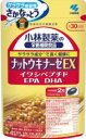 製品仕様商品名小林製薬　ナットウキナーゼEX　イワシペプチド・EPA・DHA名称○納豆菌培養エキス・EPA・DHA配合食品商品説明○サラサラ習慣をつけたい・数値が気になる・食生活が気になる、そんな方にオススメです○ナットウキナーゼ25％増量・イワシペプチドをプラス○サラサラ成分（青魚に含まれるEPA・DHAのことです）で長く健康に　（マグロ・イワシなどの魚を原料としています）○2粒で市販の納豆約2パック分（100g）のナットウキナーゼが含まれています生産国日本製賞味期限パッケージに記載お召し上がり方○栄養補助食品として1日2粒を目安にかまずに水またはお湯とともにお召し上がり下さい○短期間に大量に摂ることは避けて下さい保存方法・注意事項●直射日光をさけ、湿気の少ない涼しい場所に保管してください。●乳幼児・小児の手の届かない所に置いて下さい●薬を服用中、通院中又は妊娠・授乳中の方は医師にご相談下さい●食品アレルギーの方は全成分表示をご確認の上、お召し上がり下さい●体質体調により、まれに体に合わない場合（発疹、胃部不快感など）があります。その際はご使用を中止下さい●カプセル同士がくっつく場合や、天然由来の原料を使用のため色等が変化することがありますが、品質に問題ありません【納豆菌培養菌エキスは製造工程中でビタミンK2を取り除いています】信頼の全成分表示（製造時、1日目安量あたりの含有量）○ナットウキナーゼ含有納豆菌培養エキス：37.1mg○EPA含有精製魚油：18.8mg○DHA含有精製魚油：166.9mg○イワシペプチド：50mg○杜仲葉エキス：50.0mg○さらさらレッド（たまねぎ）：25.0mg○ケルセチン配糖体（70%含有）：18.0mg○ビタミンE含有植物油：0.9mg大豆油：129.3mg、難消化デキストリン：38mg、ミツロウ：39.0mg、グリセリン脂肪酸エステル39.0mg、大豆レシチン：6.0mg主要原材料ゼラチン、DHA含有精製魚油、大豆油、サーデンペプチド（イワシペプチド）、杜仲葉エキス、難消化デキストリン、ナットウキナーゼ含有精製魚油/グリセリン、ミツロウ、グリセリン脂肪酸エステル、レシチン（大豆由来）、フィチン酸、ビタミンE主成分配合量【1日目安量2粒当たり】エネルギー：5.5kcal、たんぱく質：0.33g、脂質：0.38g、炭水化物：0.2g、食塩相当量：0.00024〜0.0097mgmg、ビタミンE：0.11〜1.1mg/EPA：13.7mg、DHA：72.3mg、ナットウキナーゼ活性：2500FU（製造時）広告文責株式会社なの花西日本　TEL072-652-0371　店舗管理者　久保　信次郎メーカー小林製薬株式会社〒541-0045　大阪市中央区道修町4-7-10お問い合わせ先お客様相談室フリーダイヤル0120-5884-02受付時間9:00〜17:00（土・日・祝日を除きます）リニューアル、発売終了などの場合がございます。予めご了承下さいませ。