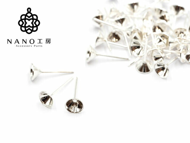 【pc-52】6mm 三角カップ付きピアス ホワイトシルバー 金属キャッチ付き★30個　60個★ガラスドーム ピア..