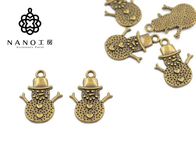 【15-10】雪だるまチャーム アンティークゴールド★10個★雪 冬 スノー 金古美