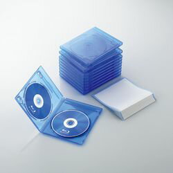 Blu-rayディスクをスッキリ収納!1つのケースに2枚のディスクが収納できるBlu-rayディスクケース。分類に便利なジャケットカード付き。Blu-rayディスクを2枚収納できるケースです。市販されているBlu-rayソフトのケースと同等サイズですので、並べてスッキリ収納できます。分類に便利なジャケットカードが付属しています。ブックレットカードを収納可能なストッパーが付属しています。軽くて割れにくいポリプロピレン樹脂製ですので、大切なBlu-rayディスクをしっかり守ります。ワンプッシュ方式で、Blu-rayディスクに無理な力をかけず簡単に取り出せます。検索キーワード:ELECOM CCD-BLU210CBU ブルーレイデイスクケース CCDBLU210CBUCD/DVD/Blu-rayディスクを2枚収納できるケースです。 市販されているBlu-rayソフトのケースと同等サイズですので、並べてスッキリ収納できます。 分類に便利なジャケットカードが付属しています。 ブックレットカードを収納可能なストッパーが付属しています。 幅125.0mm×高さ148.0mm×厚さ1.0mm以内のブックレットを収納可能です。 軽くて割れにくいポリプロピレン樹脂製ですので、大切なBlu-rayディスクをしっかり守ります。 ワンプッシュ方式で、Blu-rayディスクに無理な力をかけず簡単に取り出せます。 ケース外側にはジャケットカードを収納するための透明フィルムがついています。重量：57.0g ※ケース1枚あたり 材質：ポリプロピレン 収納枚数：2枚 入り数：10枚 収容メディア：CD/DVD/Blu-ray 収容枚数(ケース1枚あたり)：2枚 外形寸法：幅135.8mm×奥行12.7mm×高さ172.0mm 付属品：ジャケットカード(268mm×149mm)×10 本体カラー：クリアブルー ジャケット収納：Blu-ray Discジャケットを収納可能