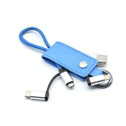 キーケースタイプの3in1ケーブル microUSB/iOS/Type-C 充電&通信に対応■キーケース型3in1ケーブル■microUSB・iOS/TypeC連結タイプ■充電・通信対応■レザー調ジャケットでケーブルを保護■取外しに便利なスナップオープンリングを採用■ケーブル長：約20cm■MFI非認証品■カラー：ブルー検索キーワード:充電&通信ケーブル レザー調&キーケースタイプ MICROUSB/IOS/TYPE-C