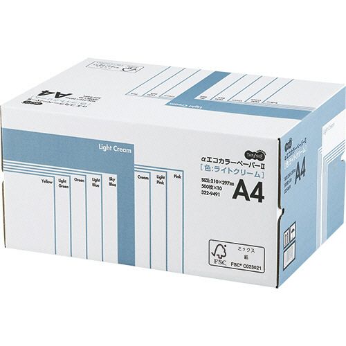 森林認証紙を使用し、環境負荷の低減に努めたカラーペーパーです。AECLCA4-BX。コピー用紙 ＞ カラーペーパー ＞ ＞ 。●5000枚入の業務用、A4 ライトクリームのカラーペーパーです。●ちらしなどの大量印刷におすすめです。