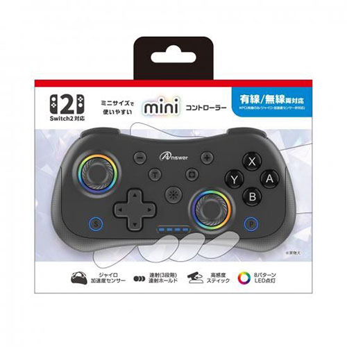 アンサー Switch2/PC用 miniコントローラー 有線(PC)・無線対応 連射・連射ホールド・ジャイロ機能搭載 ブラック ANS-SW200BK