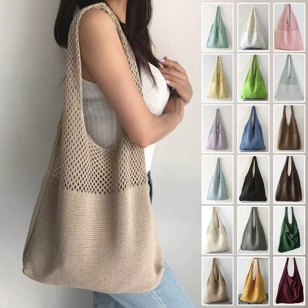 乐天商城 - 51%OFF!【時間限定:6,560円→3,214円】トートバッグ ニット編み バッグ鞄かばん レディース クロシェ編み 肩掛けバッグ 大容量 a4対応 ニットバッグ 無地 シンプル ナチュラル 18色展開 韓国