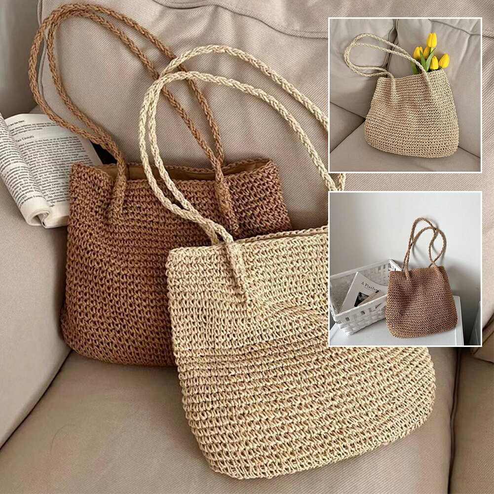 乐天商城 - 51%OFF!【時間限定:8,160円→3,998円】手提げショルダー編みバッグ ビーチリゾートバッグ 夏 軽量 韓国 女性 大容量芝編みバッグ レディース編みバッグ 軽い 弁当袋 手提げ袋 おしゃれ 軽量 収納 通勤 肩掛け 無地 可愛い リゾート