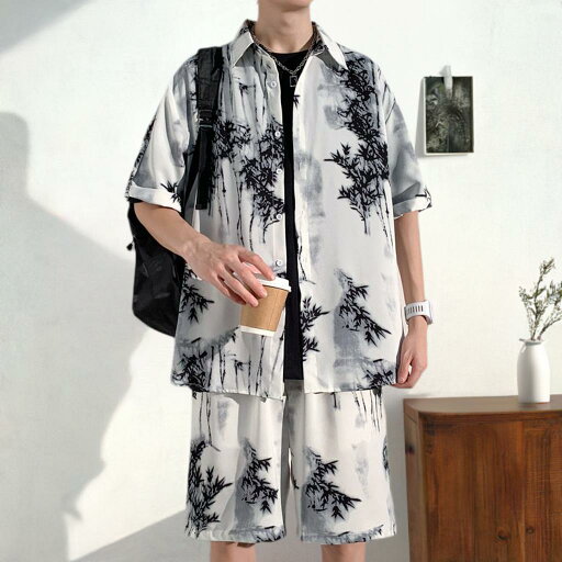 【30日限定 15%OFFクーポン配布中】上下セットアップ メンズ オープンカラーシャツ スウェット ハーフパンツ 短パンツ 半袖 夏 夏服 シャツ 軽量 セットアップ おしゃれ 半袖シャツ ショートパンツ カジュアル 夏服 L XL 2XL 3XL