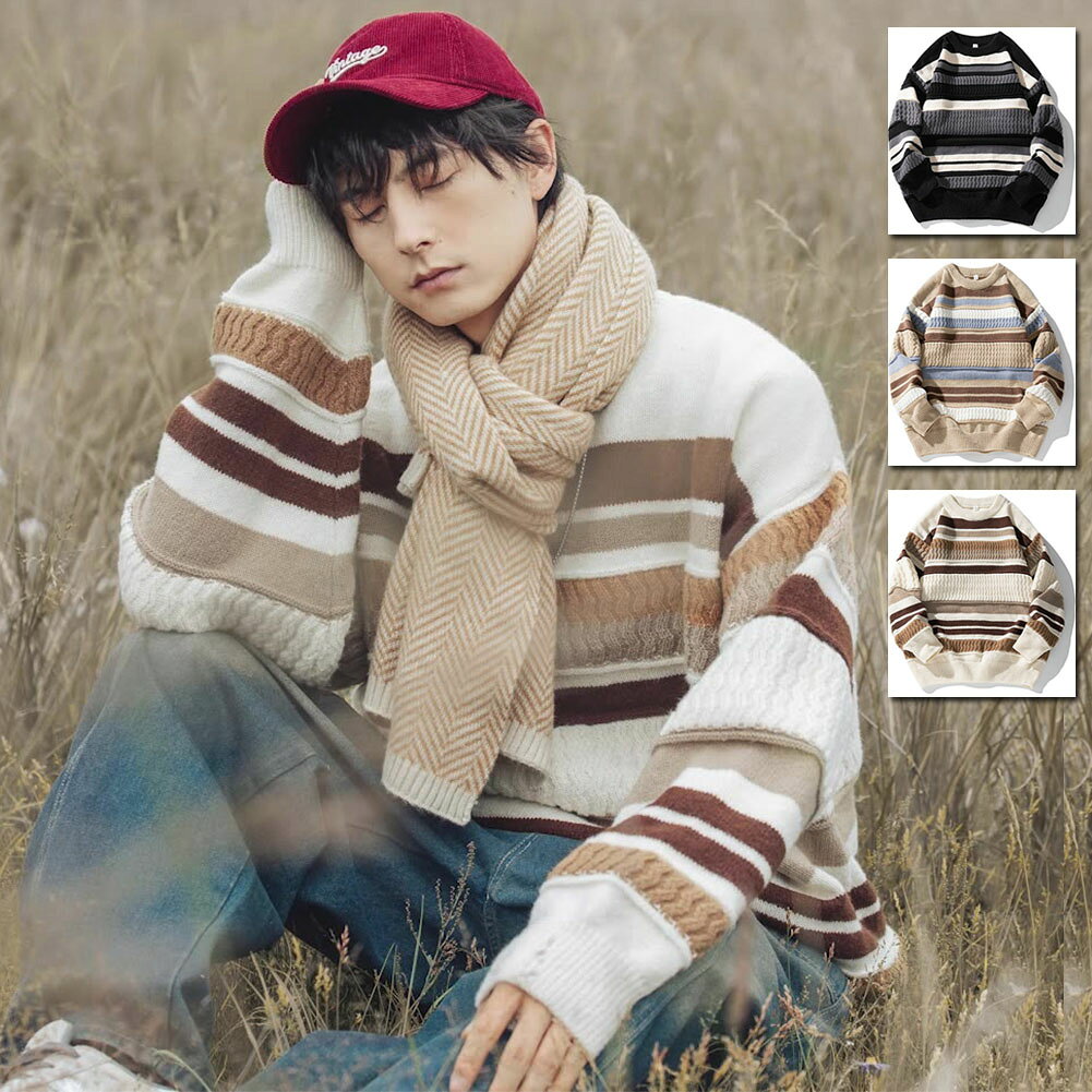 樂天商城 - 60%OFF!【時間限定:10,640円→4,256円】ニットセーター メンズ トップス プルオーバー ストライプ 長袖ニット クルーネック ニットソー セーター おしゃれ