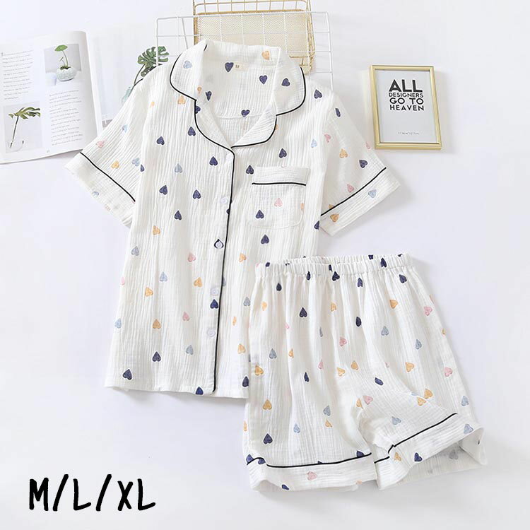 パジャマ レディース 春夏 部屋着 寝巻き ルームウエア 半袖 可愛い ハート柄 上下セット レディースパジャマ 上品 ゆったり 綿パジャマ
