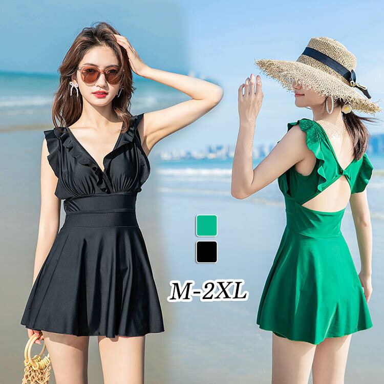 ワンピース 水着 レディース 20代 30代 40代 Vネック オールインワン フレア フリル リゾート ママ ワンピース水着 おしゃれ 旅行 海 かわいい ビーチ 夏 プール スイムウエア ブラック 水着レディース