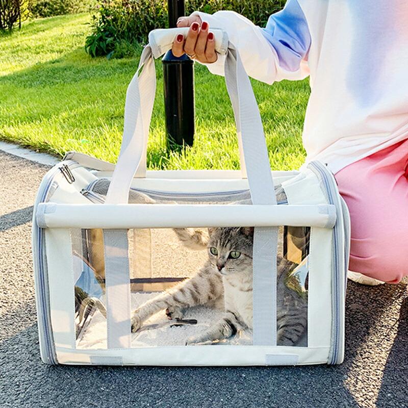 乐天商城 - 猫 犬 キャリーバッグ ショルダー ダブルファスナー カーテン付き 折りたたみ コンパクト収納 2way 手提げ マットつきメッシュ窓 飛び出