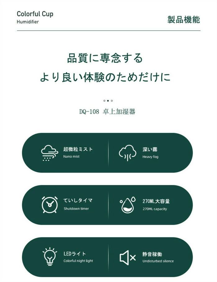 Rakuten - 加湿器 卓上 マイナスイオン オフィス 小型 アロマ 除菌 卓上加湿器 アロマ対応 コードレス 長時間連続加湿 おしゃれ 7色LED付き 270ml