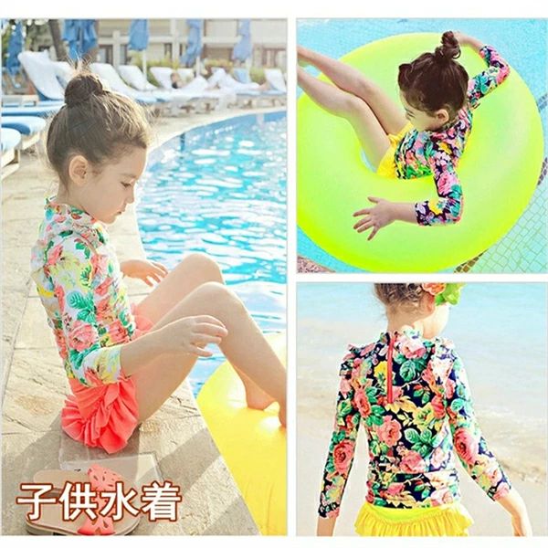 Rakuten - キッズ 水着 女の子 セパレート ラッシュガード スクール水着 UVカット 長袖 トップス パンツ 子供水着 キッズ水着 3点セット 上下 おし