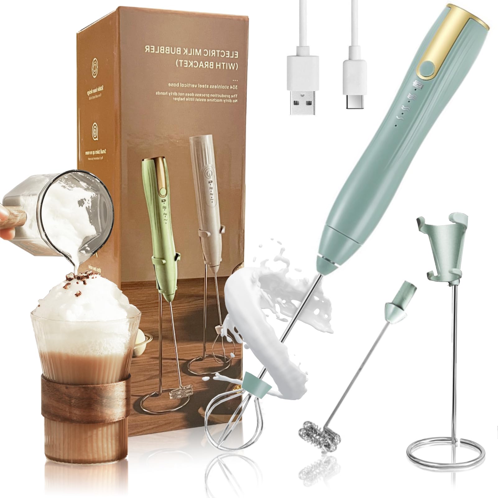 ダブル泡立て器 ミルク泡立て器 ハンドヘルド USB-C 充電式 電気ドリンクミキサー グリーン 3段階速度調整可能 コーヒー泡立て器 ドリン